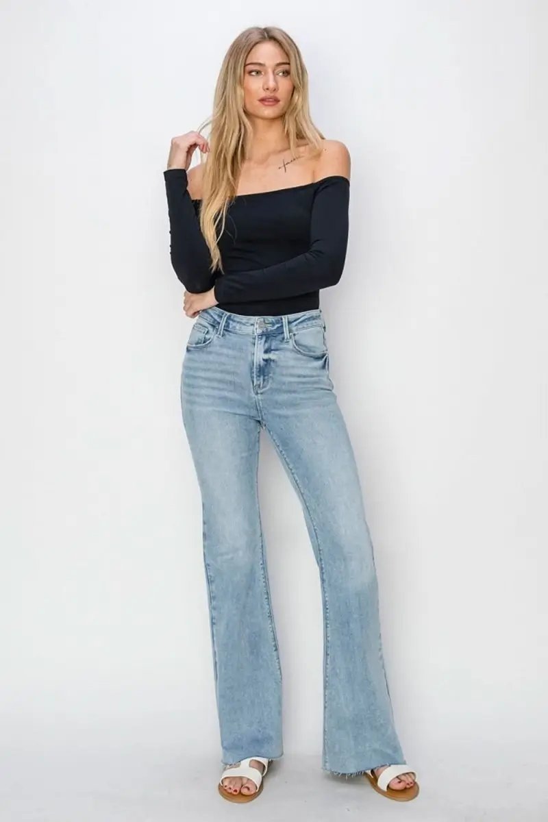 RISEN Full Size High Rise Raw Cut Hem Bootcut Jeans - Love Salve